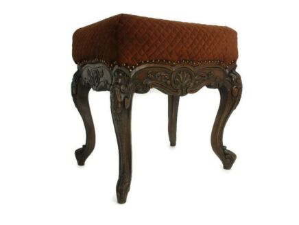 Antique Footstool Ottoman French Oak  Red Fabric Hobnails Stunning Carvings Antique Louis XV style