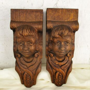 2 Antique Hand Carved Oak Reclaimed Corbels Architectural Girls Head Staircase
