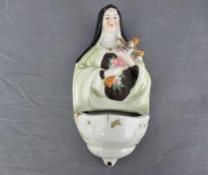Holy Water Font Wall Hanging vessel Saint Therese of Lisieux Porcelain gorgeous Collector