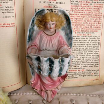 L French Holy Water Font Angel Hand Painted Bisque Gorgeous Collector HTF 8.66"