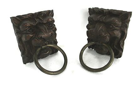 Pair Corbels Hand Carved Wood Panels Architectural reclaimed LIon Heads Trim Rings