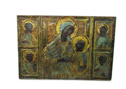 Large Ornate Icon Hand Painted Florentine Wood Madonna e Santi Virgin Infant Child Apostles Italy 1965 Impressive