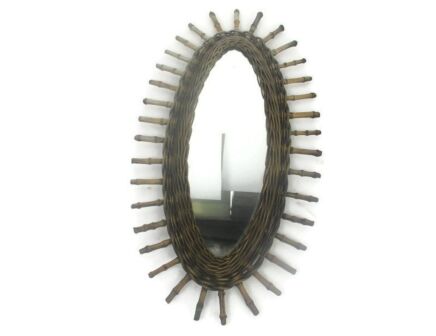 Vintage Oval Rattan Wicker Wall Hanging Mirror Rockabilly Italian Riviera Style