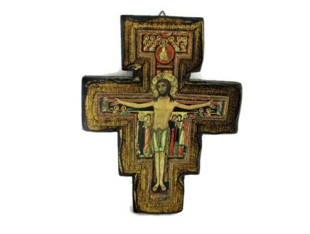 Florentine Wood San Damiano Wall Hanging Crucifix Jesus Christ Gold Gilt Rare 10.82"
