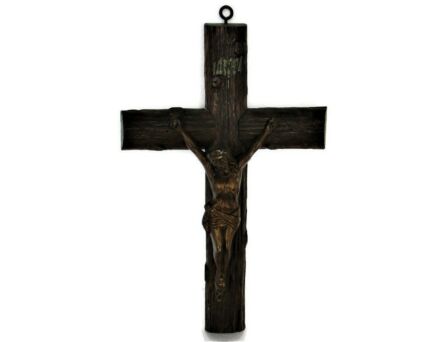Vintage Hand Carved Wood Hanging Crucifix Cross  Copper Corpus Christ 20.47"