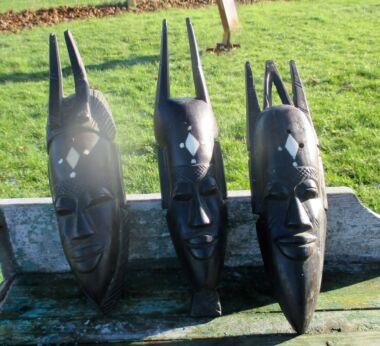 3 Vintage African Masks Hand Made Carved Dark Wood Authentic Tribal African Art