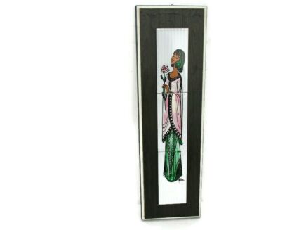 Large Vintage Ceramic Black Tile Wall Hanging Tile Girl with a flower Retro 1970s Signed Xama