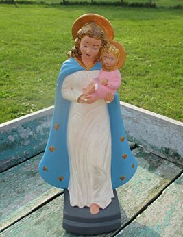 Vintage Virgin Mary Madonna with Child Plaster Statuette Signed Lovely 11.61"