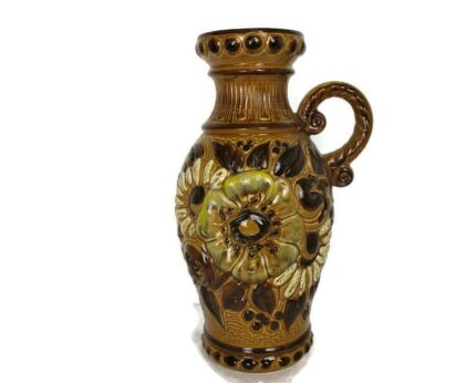 XL West Germany Pitcher Vase Ceramic Mid Century Modern Glazed Art Pottery Carafe Sunflowers Flowers 18.11"