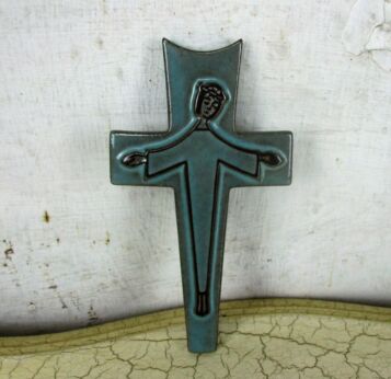 Small Mid Century Modern Ceramic Modernist Crucifix Blue Era Amphora Perignem