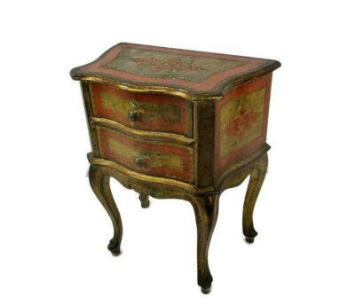 Florentine Wood Nightstand End Table Hall Cabinet Chest of Drawers Gold Orange Retro
