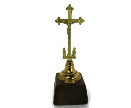 Miniature Vintage Calvary Crucifix Christ Crucifixion Mary Magdalene St John the Apostle Virgin Mary Brass on Wooden Base