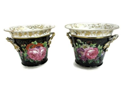 Pair Couple Antique Planters French Vieux Paris Hand Painted Cachepots Jardiniere