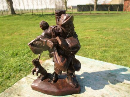 handmade Carved Wood Statuette Figurine Old Man with Baby in Bag Dog Lovely