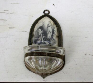 Vintage Aluminium Holy Water Font Our Lady of Lourdes France Wall Hanging