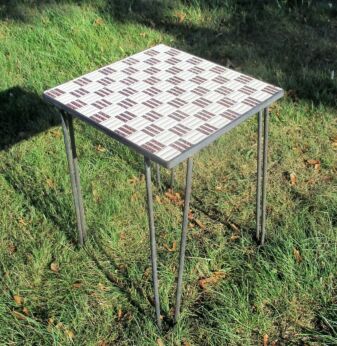 Vintage Small Side Table Plant stand Mosaic tiles Checkered pattern