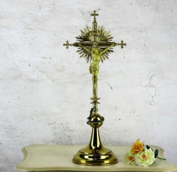 Antique French Fleur de Lis Ornate Brass Standing Crucifix Church Altar Snake