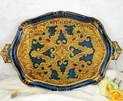 Italian Mid Century Hollywood Regency Florentine Serving Tray Blue Gold Wood