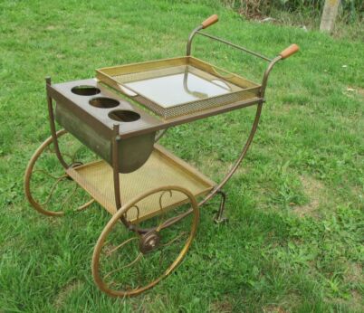 Antique Art Deco Brass Coctail Bar Serving Cart Trolley Hollywood Regency WOW