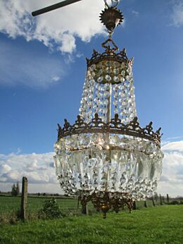 Vintage Bag and Basket Crystal Prism Waterfall Cut Glass Chandelier