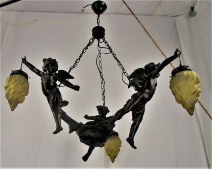 French Chandelier Angels Cherub Putti Resin 3 Lights Amber Sconces Romantic