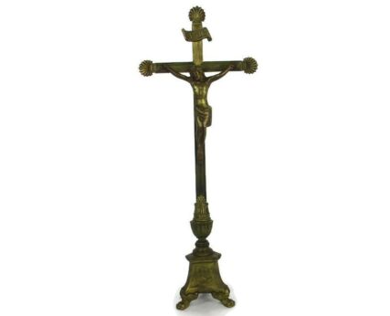 Antique Brass Ornate Standing Church Crucifix Corpus Dramatic Apostles LIon Feet 1900s gorgeous