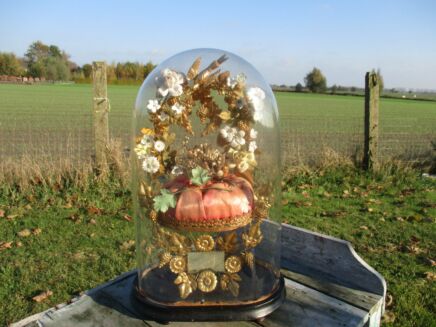 Antique Victorian French Bridal Wedding Dome Flowers Ormolu Gold Gilt leaves