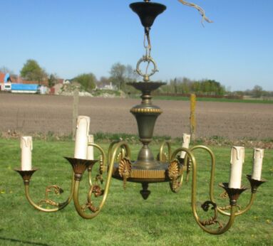 Vintage French Empire Style Chandelier 6 Arm Lights Green Toleware Brass