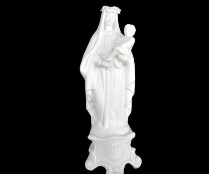 Antique Bisque Porcelain Statue Virgin Our Lady Mary Madonna with Infant Jesus Gorgeous Marked Flower Wreath Garland 8.07"