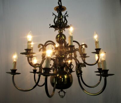 Large Vintage Flemish Dutch Double Chandelier 12 Arms Fish Lights Impressive