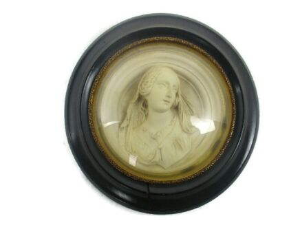 Antique Round Ornate Wooden Frame  Convex Glass Dome  Virgin Mary Head  Beautiful