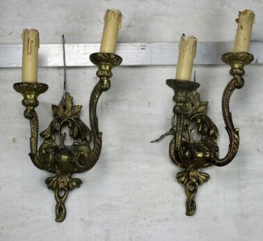 Pair Couple Vintage Ornate Brass Two-Arm Double Wall Sconce Light Lamp Sleeves