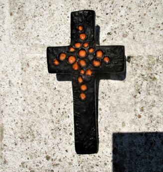 Mid Century Design Ceramic Modernist Crucifix Fat Lava Orange era Perignem
