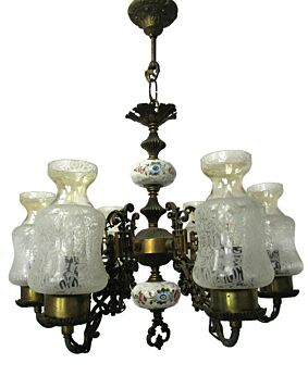 Chandelier 6 arm Lights Brass Etched Glass Sconces Porcelain Flowers Rabbit