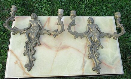 Vintage Brass Ornate 2 Double Wall Mount Candle Holders Putti Angels
