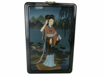 Antique Chinese Reverse Glass Painting Scroll Framed  Lady Ducks Lovely