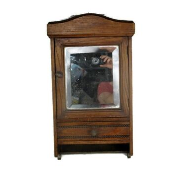 Vintage Oak Kitchen Apothecary Bathroom Wall Cabinet Hobnails Beveled Glass