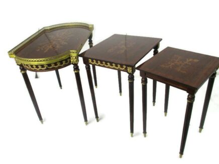 set of 3 Vintage Nesting Stacking Coffee Side Tables Brass Marquetry Italy Italian Hollywood Regency Gorgeous