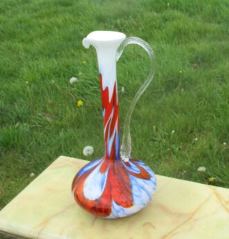 Large Vintage Handblown glass Cased Pitcher funky colors Vase Ear