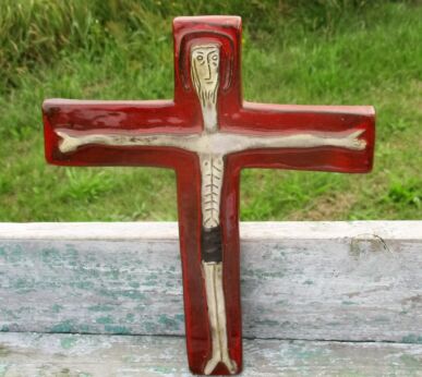 Lovely Mid Century Design Ceramic Modernist Crucifix era amphora Perignem Red
