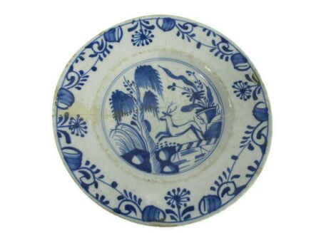 19th Century Delft Wall hanging Charger Plate Blue White Antique Deer