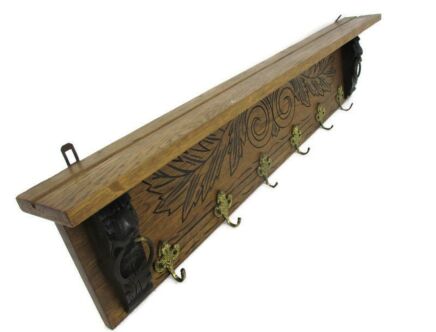 Hand Carved Wood Wall Shelf Coat Hat Kitchen Rack Lion Heads Two Toned Gorgeous
