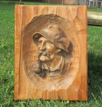 Hand Carved Massive Wood Wall Panel Old man smoking Pipe