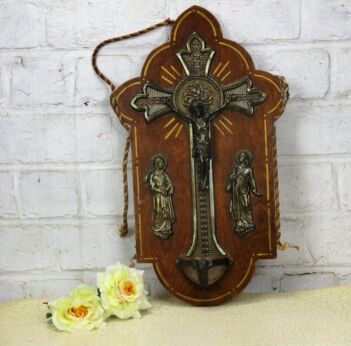 Rare Holy Water Font Brass Crucifix Calvary Wood Saints Beautiful Wall Hanging