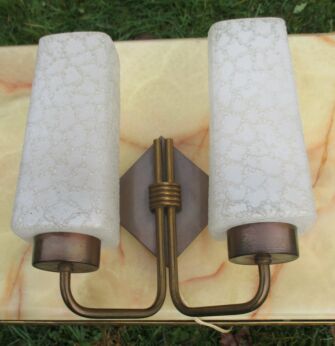 Vintage 50s Mid Century Structured Glass Wall Lamp Sconces Brass