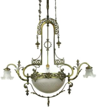Huge Art Nouveau Gas Chandelier Ballroom Revival Shade Working WOW Electrified