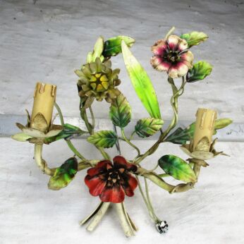 French Art Deco Double Wall Sconce Metal Tole Flowers HTF Lovely Polychrome Rare