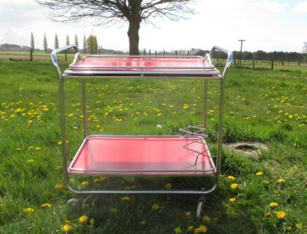 Vintage Bar Cart Mid Century Orange Red Formica Cocktail Dessert Bar Trolley