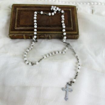 Vintage Rosary Catholic Child Girl Necklace Prayer White Small Beads Sweet