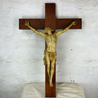 Large hanging Wall Crucifix Wood Plaster Art Nouveau Corpus Jesus Christ HTF